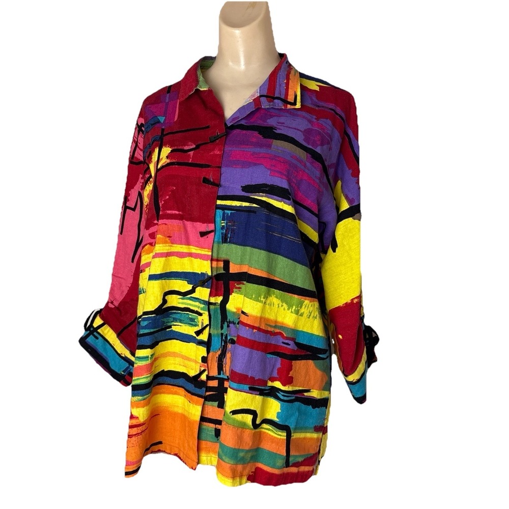 Ali Miles Blouse Women S Multicolor Abstract Button Up Colorful Artsy bold